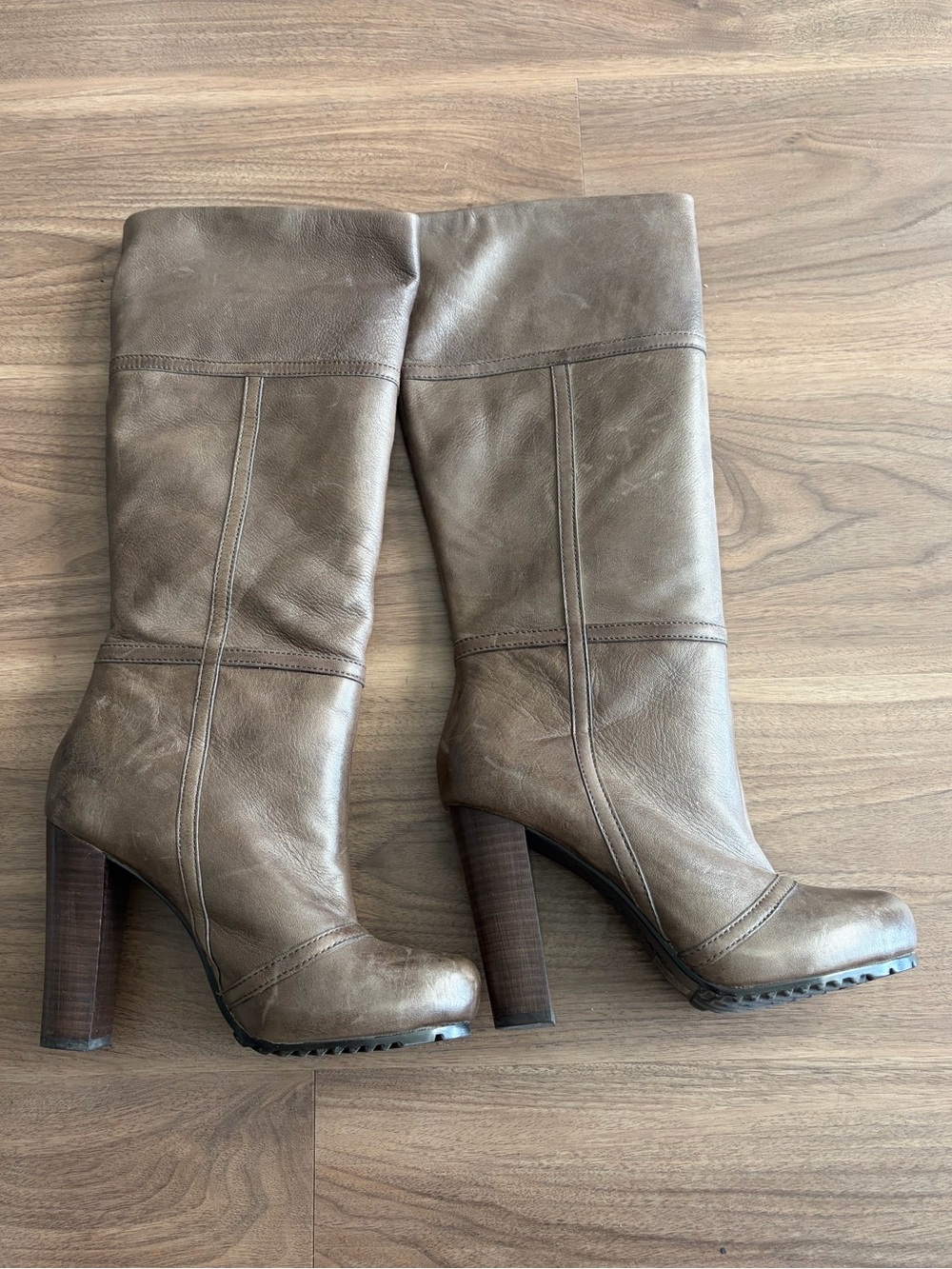 Women's Tall Leather Heeled Boots in Taupe